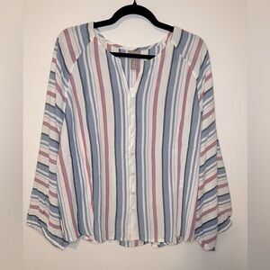 Chico’s Stripe Reglan Sleeve Blouse Size 4 V Neck Button Down Long Sleeve Multi